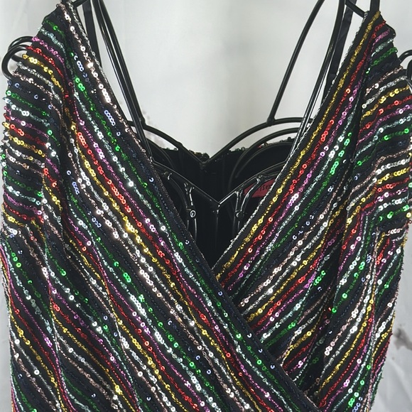 Betsey Johnson Sequin Striped Dress Wrap Rainbow Cocktail Party Spaghetti Strap - Picture 3 of 12